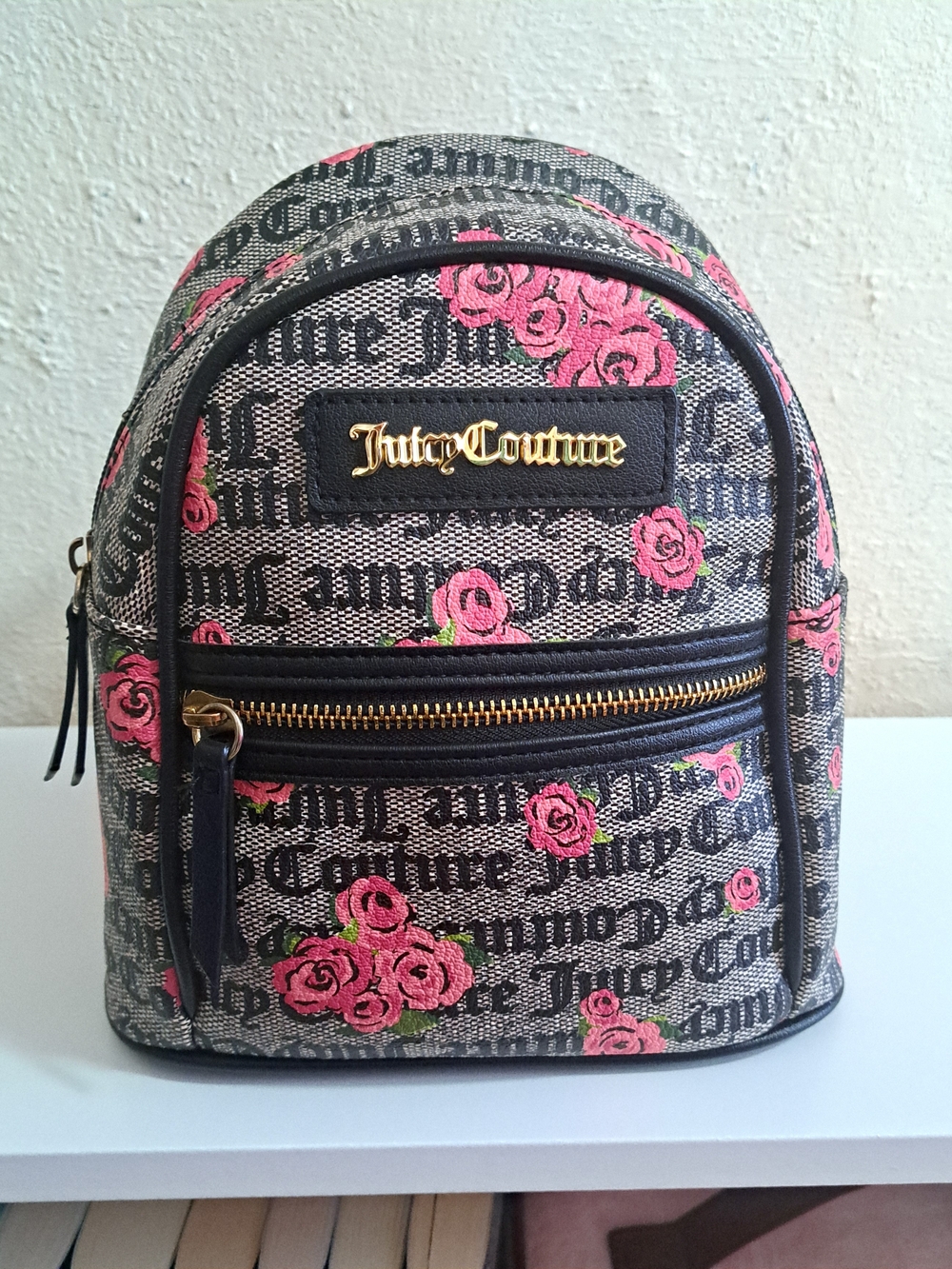 Juicy Couture Gray Logo Backpack with Pink Rose Print